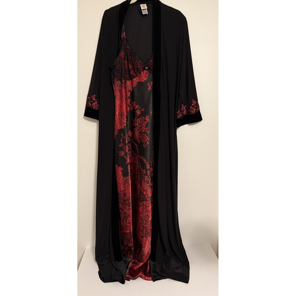 In Bloom by Jonquil Red Gothic Damask SET Maxi Gown Embroidered Robe Peignoir XL
